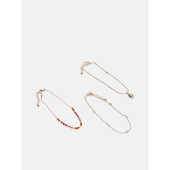 No Boundaries Gold-Tone Shell and Multicolor Beaded Anklets, 3-Pack, Women’s