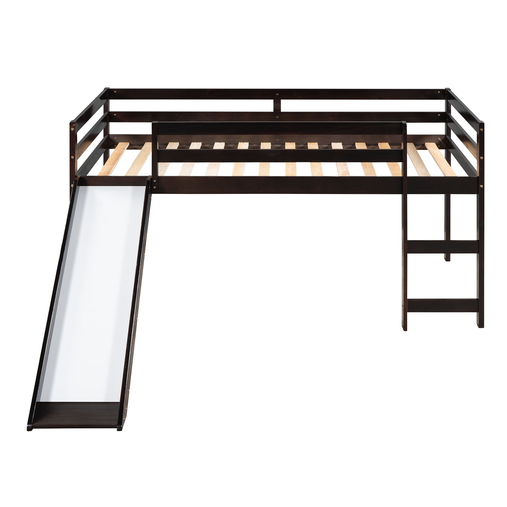 Aukfa Low Loft Bed with Slide, Wooden Twin Loft Bed for Kids Teens - Espresso