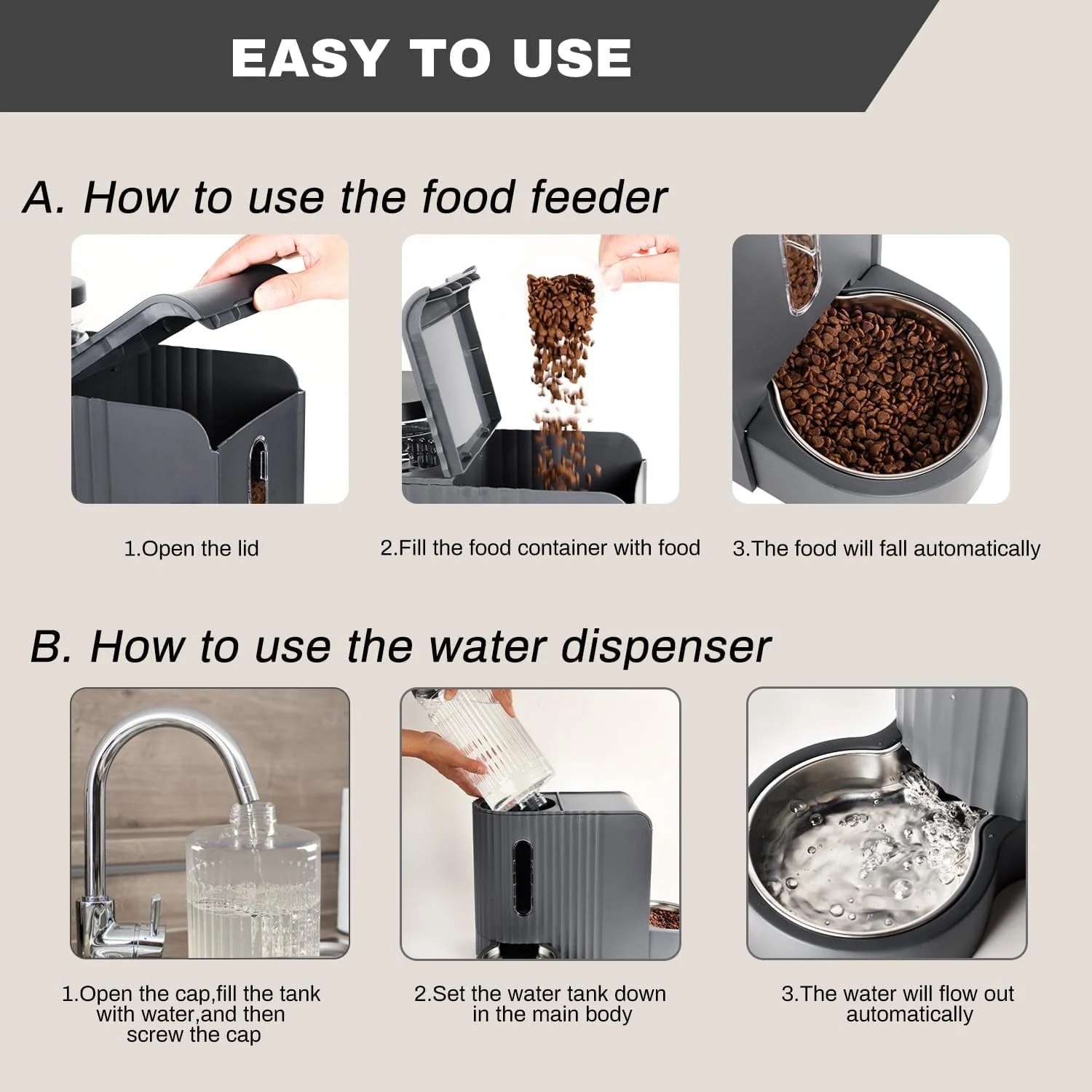 Nomipaw Gravity Automatic Food Feeder and Water Dispenser, 0.8Gal Large Capacity, 2 in 1 Set, 304 Stainless Steel Bowl, Removable and washable, For All Size Dogs & Cats, Dark Gray