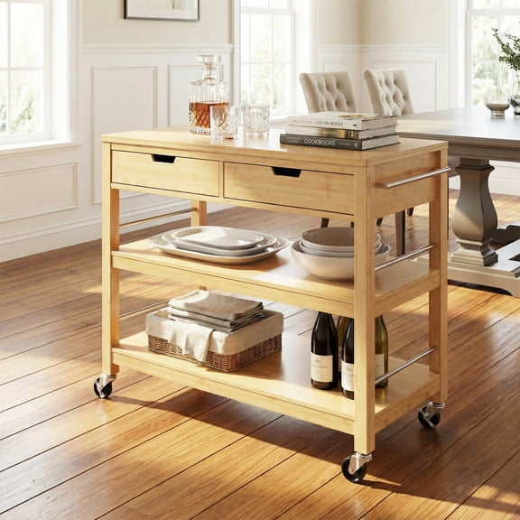 Christopher Knight Home Rolling Bar Cart with Locking Wheels, Drawers and Open Shelves, Natural