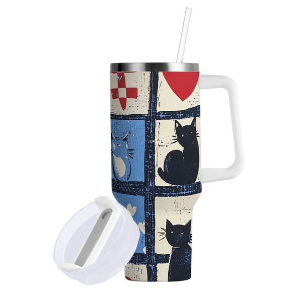 Yayeee 30oz Double-Wall Insulated Stainless Steel Tumbler with Handle Bottle, Black Cats and Hearts
