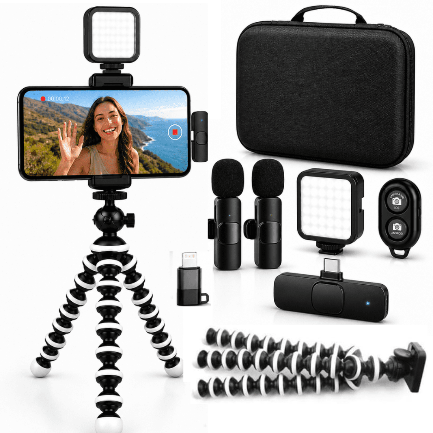 Acuvar Vlogging Kit For iPhone And Android With Wireless Microphone, Phone Tripod With LED Light, Remote And Carry Case