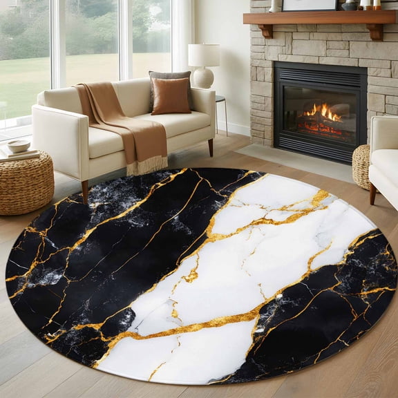 Black Marble Round Rug 5ft Washable Circle Kitchen Rugs Non Slip Luxury Gold White Abstract Cracks Artwork Large Area Rug Indoor Floor Carpet for Bedroom Living Room Home Office Dining Room Nursery