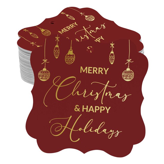 Inkdotpot Real Gold Foil Bracket Shape Paper Hang Tags Merry Christmas & Happy Text Favor Tags Pack Of 50