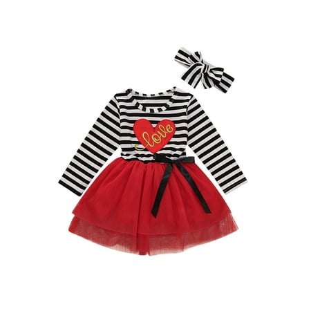 

Canis Toddler Baby Girls Valentines Day Dress Striped Heart Print Long Sleeve Princess Tulle Tutu Dress with Headband