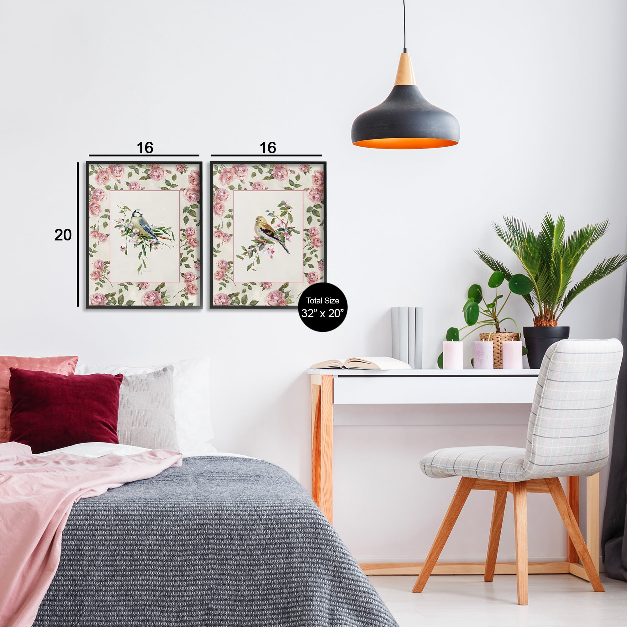 Stupell Industries Dainty Roses & Birds 2 Piece Black Framed Giclee Art Set, design by Sally Swatland