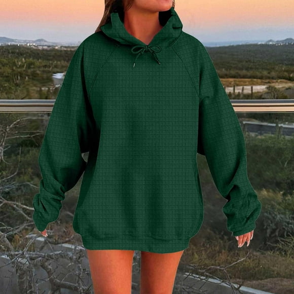 Wensltd Waffle Sweatshirt for Women Casual Solid Color Round Neck Long Sleeve Pullover Blouse
