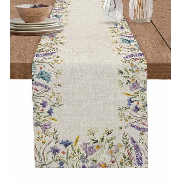 ERUNPONLY Purple Lavender Table Runner - 90 Inch Long Spring Rustic Wildflowers Botanical Beige Cotton Linen Blended Dress Scarves Farmhouse Table Runner for Kitchen Dining, Coffee Table, 13"x90"