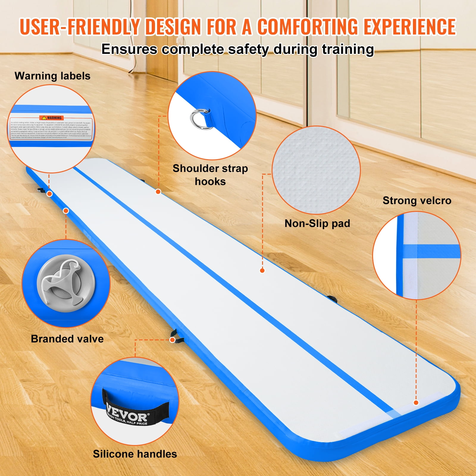 VEVOR Gymnastics Air Mat 4 inch Thickness Inflatable Gymnastics Tumbling Mat Tumble Track with Electric Pump Training Mats for Home Use Gym Yoga Cheerleading Beach Park Water 20 ft Blue Walmart