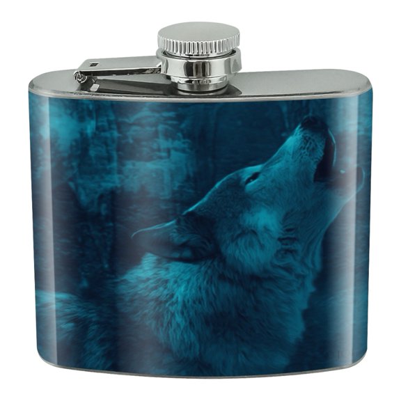 Wolf Howl Howling Blue Moon Wolves Stainless Steel 5oz Hip Drink Kidney Flask