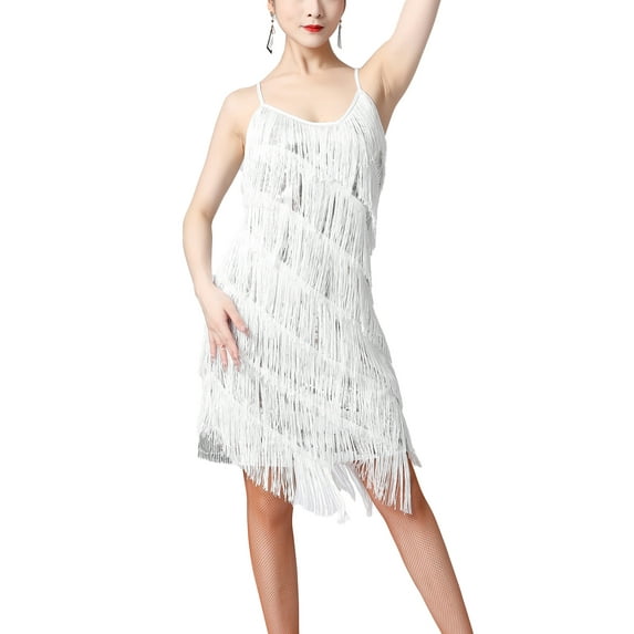 YEAHDOR Womens Allover Sparkly Sequins Tiered Tassels Fringe Dress Spaghetti Straps Latin Tango Dance Costume