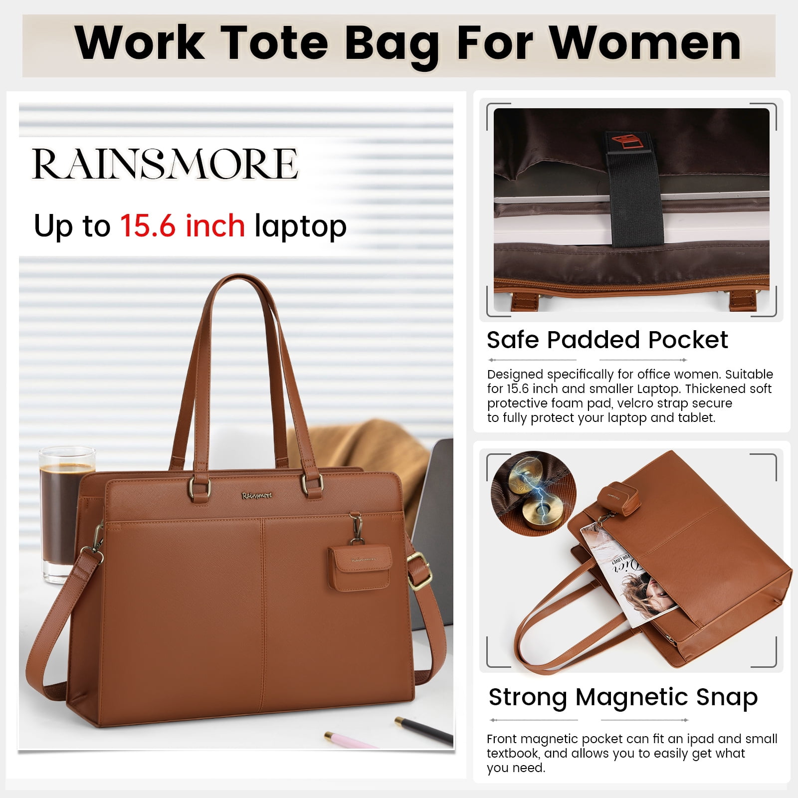 RAINSMORE Laptop Bag for Women 15.7 inch Laptop Tote Briefcase Waterproof Leather Computer Bag Work Tote Bags,Brown
