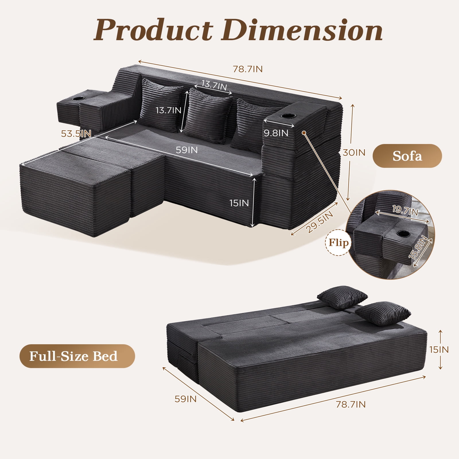 78.7'' Folding Sofa Bed with 2 Ottomans, 3-in-1 Convertible Foam Futon, Flip-Up Armrest with Cup Holder, Oeko-TEX Certified Corduroy, No Assembly Sleeper Couch for Small Space,Dark Grey