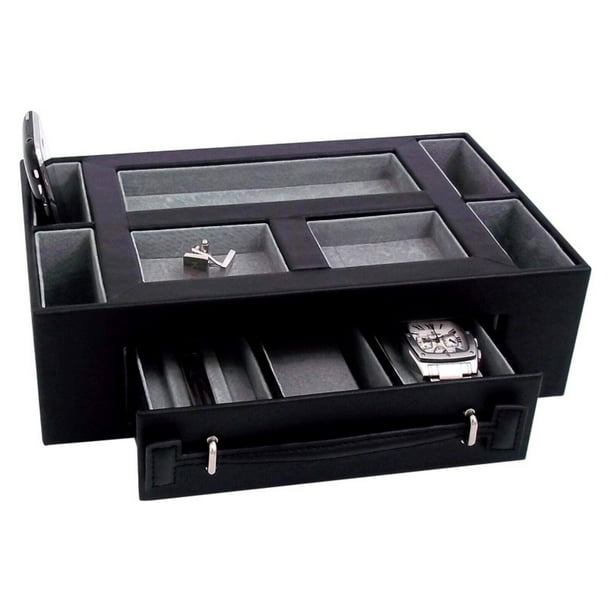 BeyBerk Leather Valet Box with Pen & Watch Drawer Black Leather