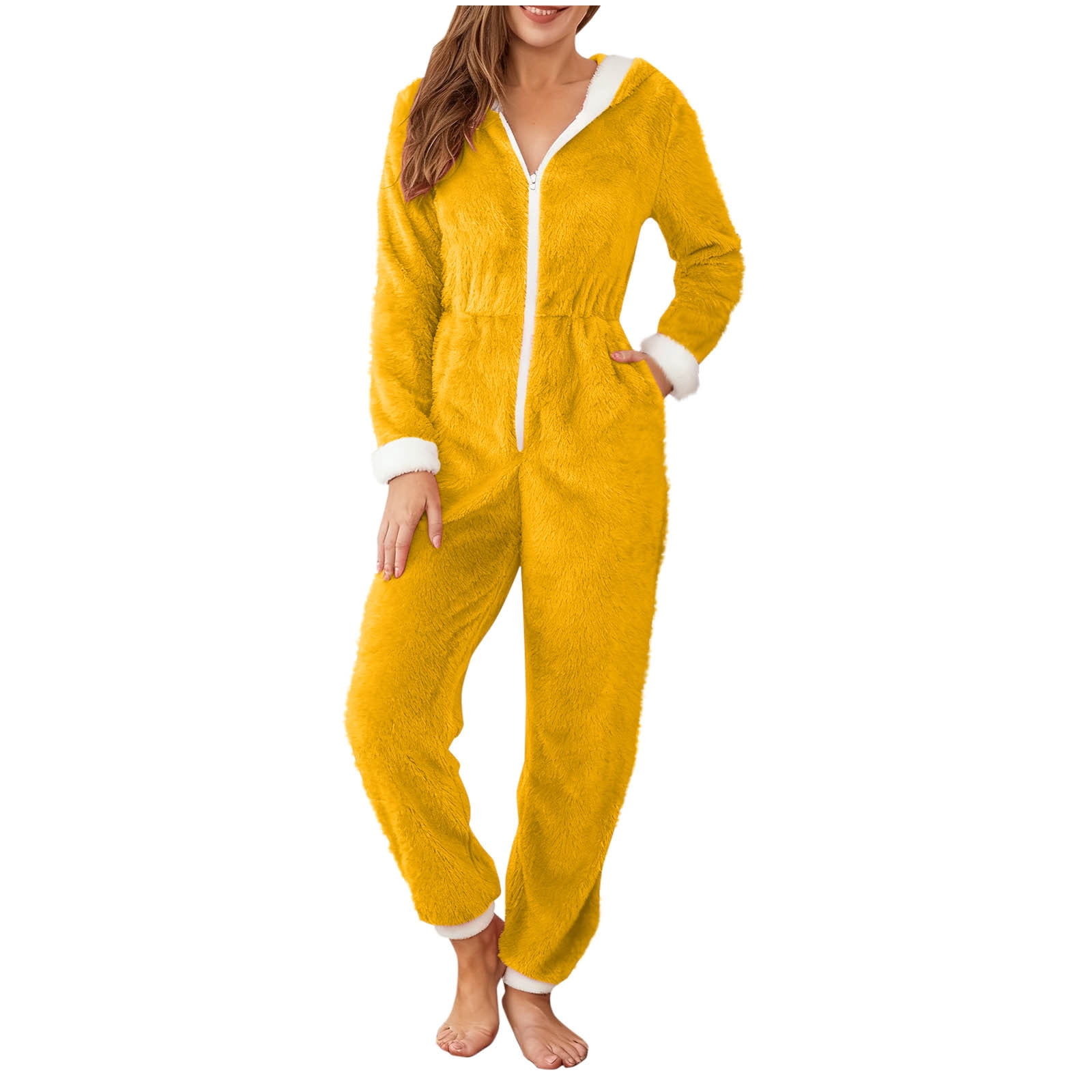 yoeyez Adult Onesie Pjs for Women Sherpa Jumpsuit Long Sleeve Fuzzy Pajamas Santa Hooded Winter Rompers Sleepwear