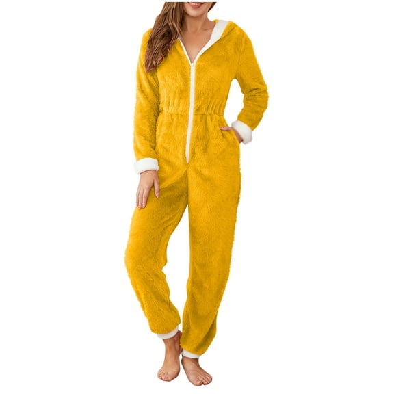 Besolor Christmas Women's Fuzzy Onesie Pajamas Fleece Warm Zipper Hooded Jumpsuit Pj Romper One-Piece Sleepwear