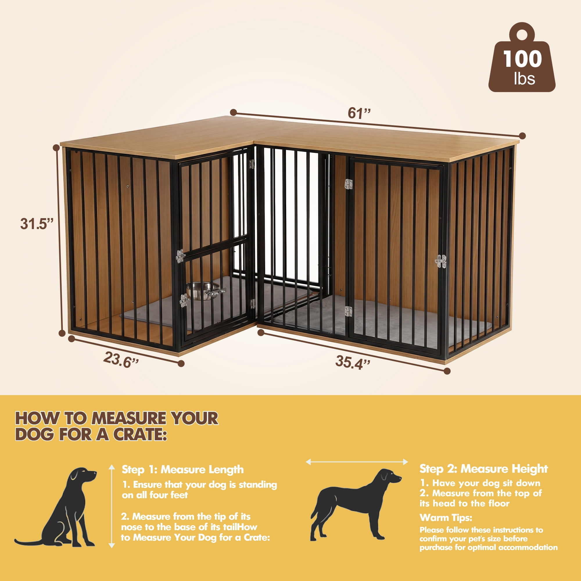 TPHORK Dog Crate Furniture for 2 Dogs, Corner Heavy Duty Double Dog Kennel Furniture with Divider, Indoor Wooden Dogs Crate Large Breed, Black