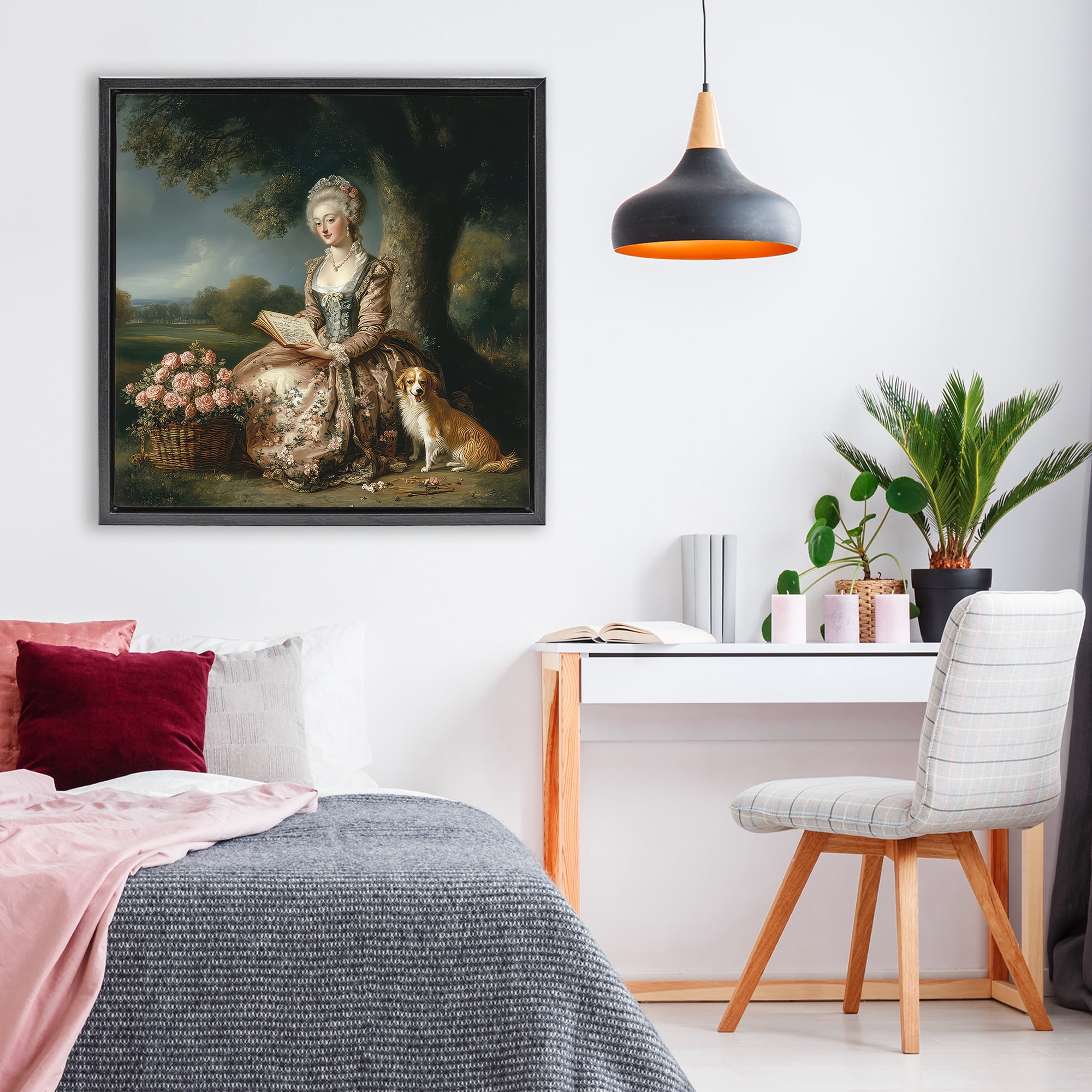 Stupell Industries Rococo Woman with Dog Black Framed Floater Canvas Wall Art, design by The Wands Want