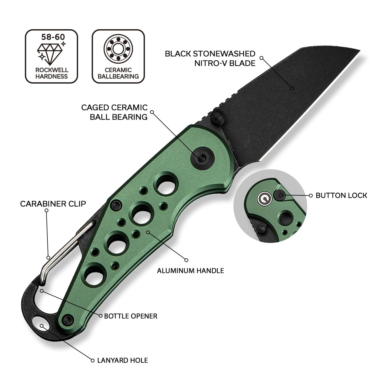 CIVIVI Pragma Folding Knife, Pocket Knife Multitool with Carabiner, Bottle Opener, 2.2" Nitro-V Blade Aluminum Handle C23062B-3 (Green)