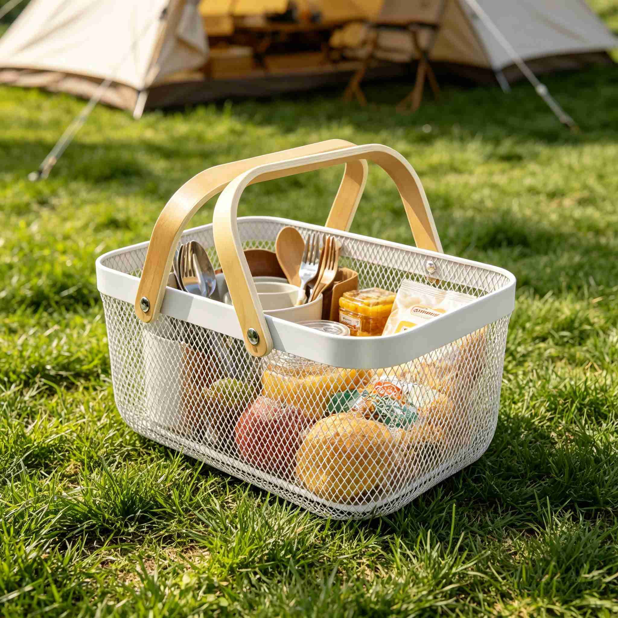 MODANU Metal Mesh Storage Basket with Handle, Garden Harvest Basket, Mesh Fruit Vegetables Gathering Basket Bin, Multi-Functional Metal Wire Basket for Kitchen Garden Picnic Cabinet, White