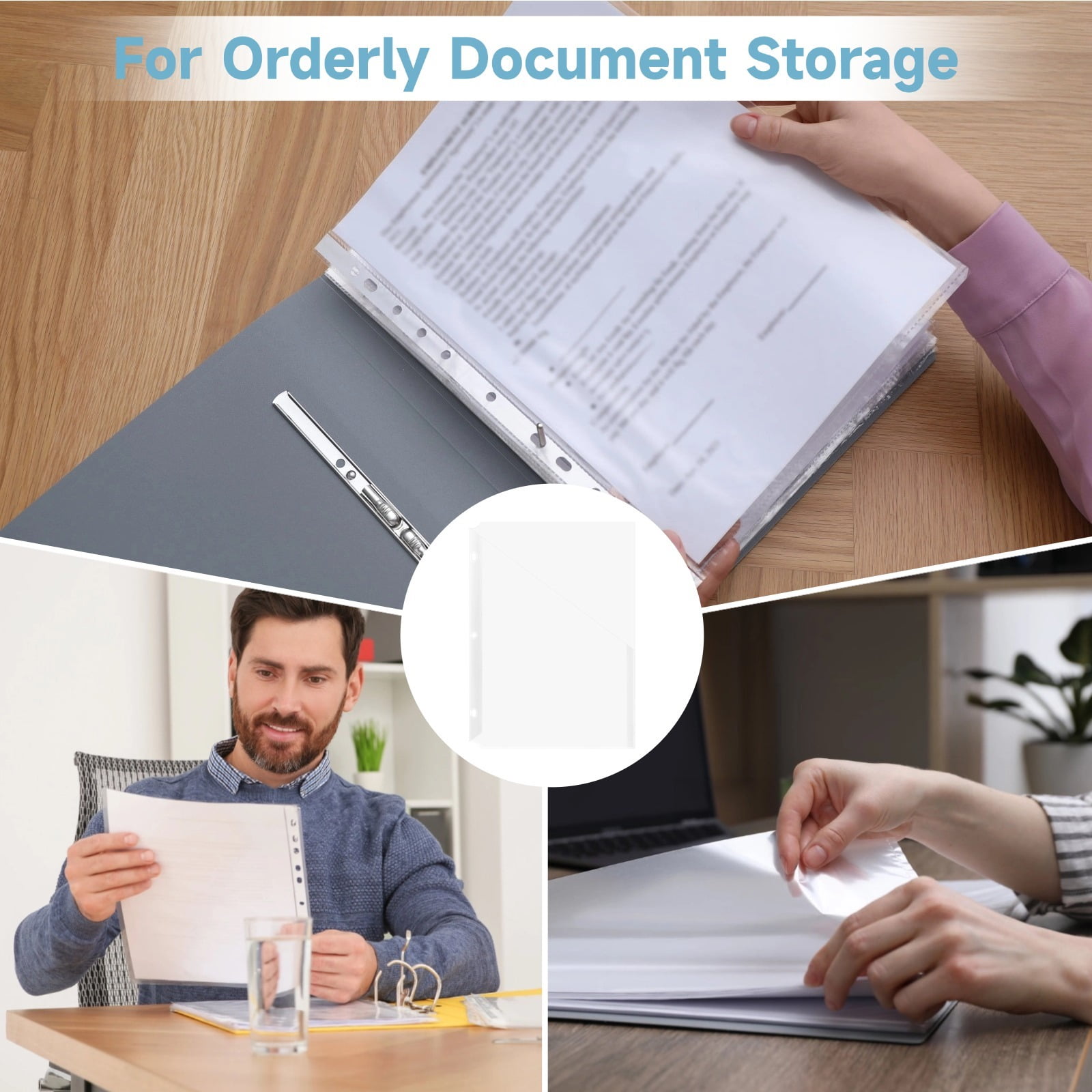 50 Pack Clear 3-Ring Binder Plastic Sleeves – Poly Translucent Punch Pockets, Slash File Jacket Organizers for Paper Documents, Letter Size, for Home, School & Office
