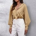 thumbnail image 5 of Women's Button down Shirts Collared Vneck Lantern Long Sleeve Tops Casual Solid Color Dressy Chiffon Blouse Tee, 5 of 6