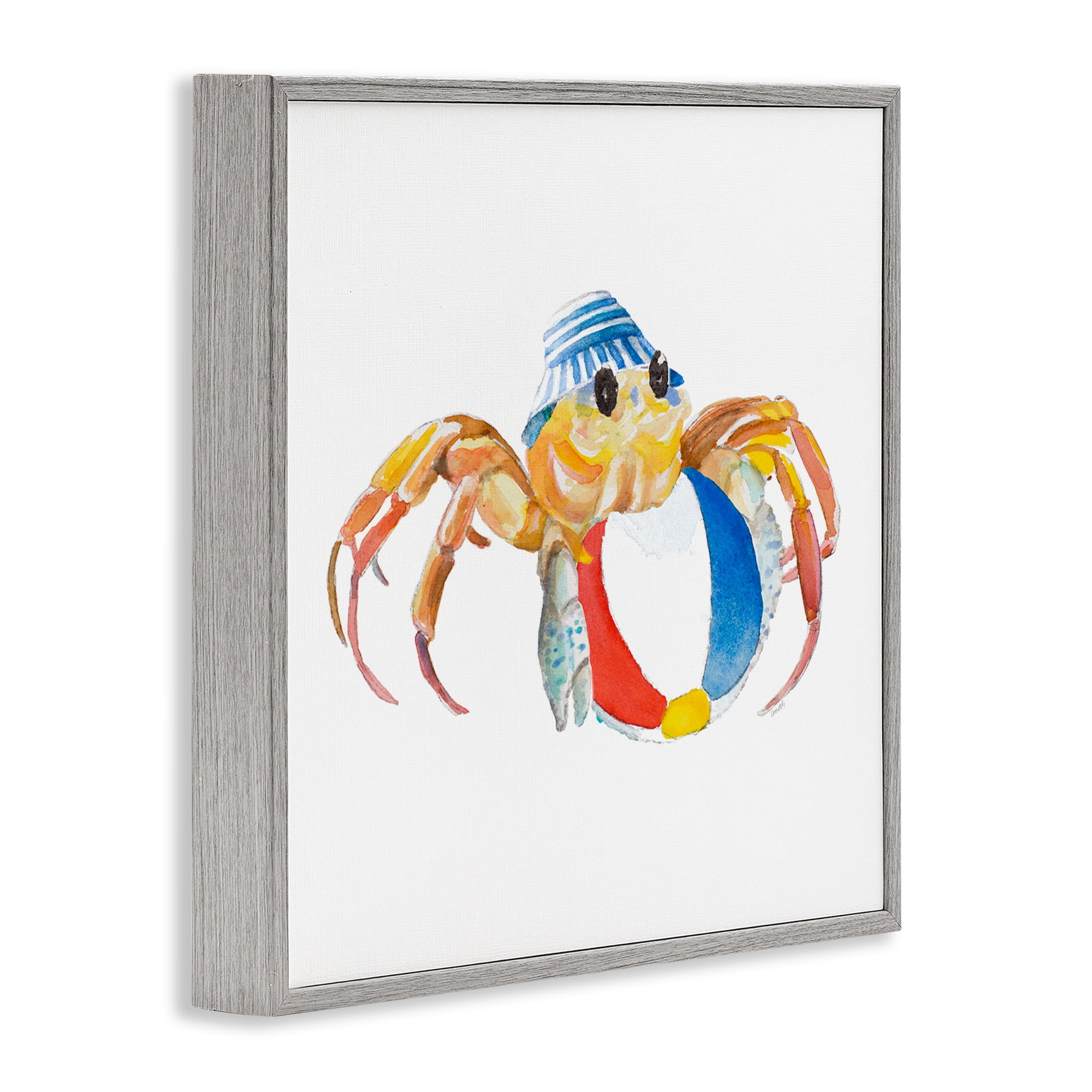 Stupell Industries Beach Ball Crab Novelty Painting Gray Framed Art Print Wall Art, 12 x 12