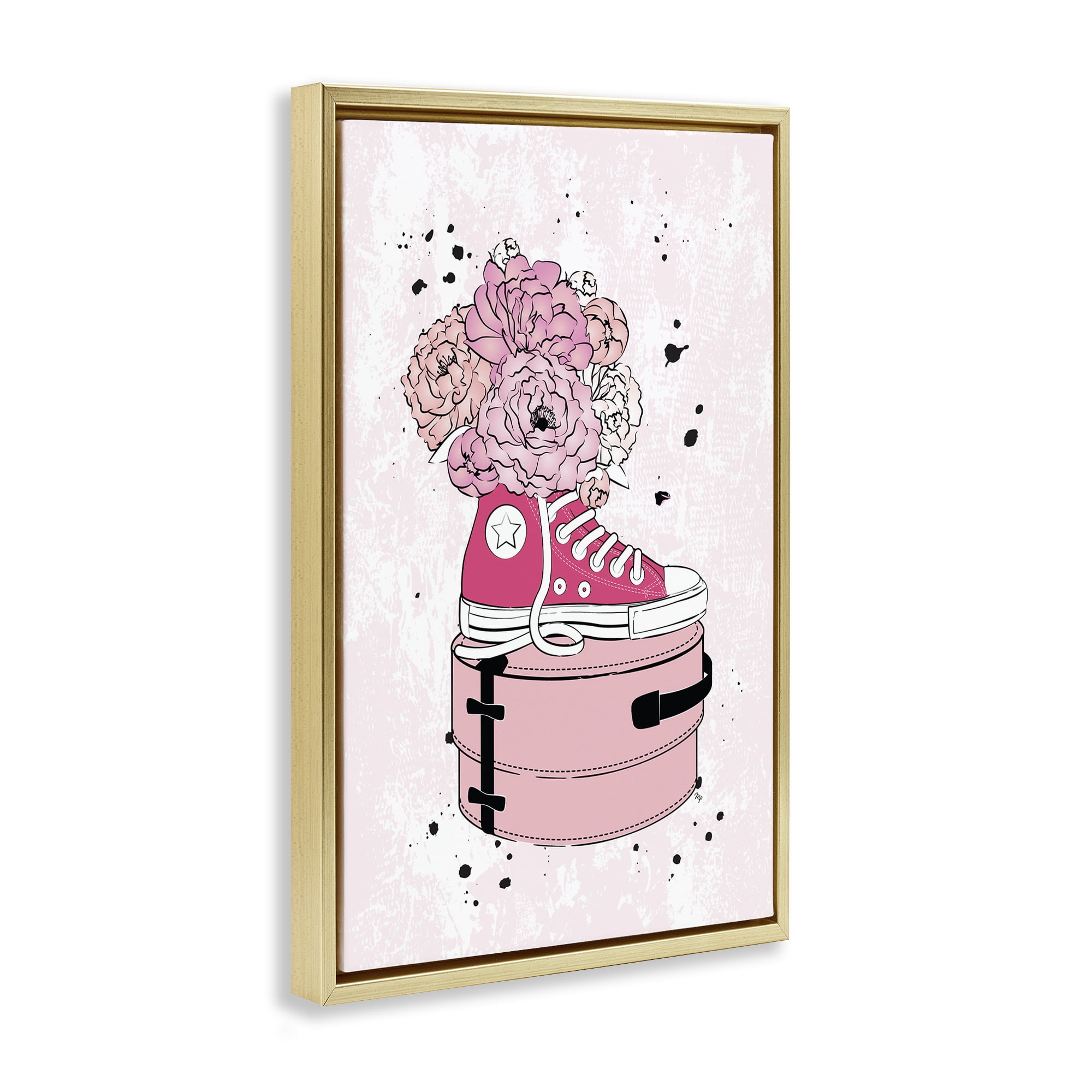 Stupell Industries Pink Glam Sneaker Florals Fashion Painting Gold Floater Framed Canvas Art Print Wall Art, 17 x 25