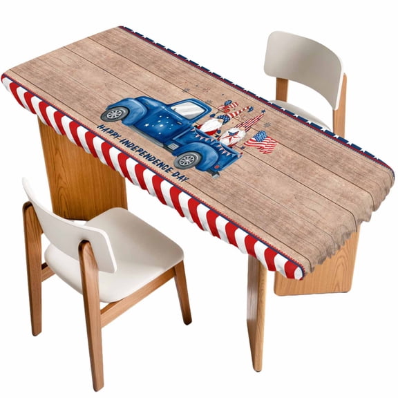 Independence Day Table Cloths for 8 Foot Rectangle Tables, Gnomes Truck Star Flag Wooden Grain Patio Waterproof Elastic Fitted Tablecloths, Washable Rectangular Table Cover for Camping