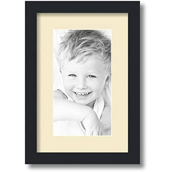 6x11 inch black picture frame with 2 inch single cream mat, singlemat-frbw26079-6x11-203
