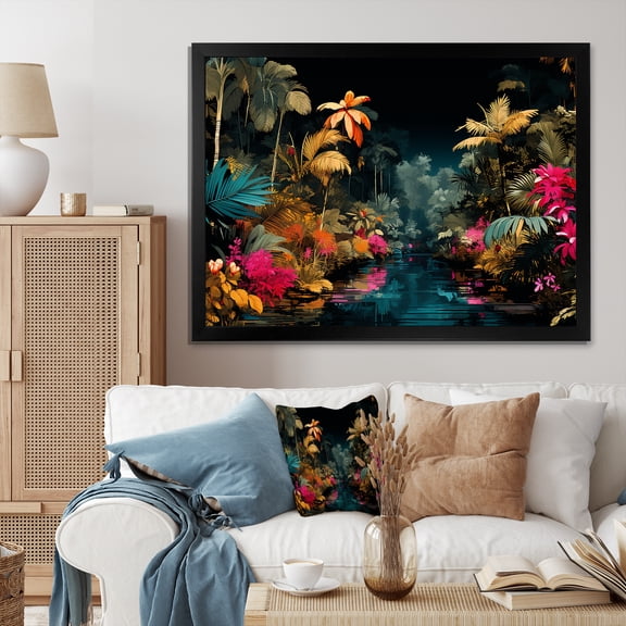 Designart "Tropical Blooms Pink and Blue Delight" Landscapes Framed Wall Art Decor - Tropical Pink Jungle Entryway Framed Wall Art