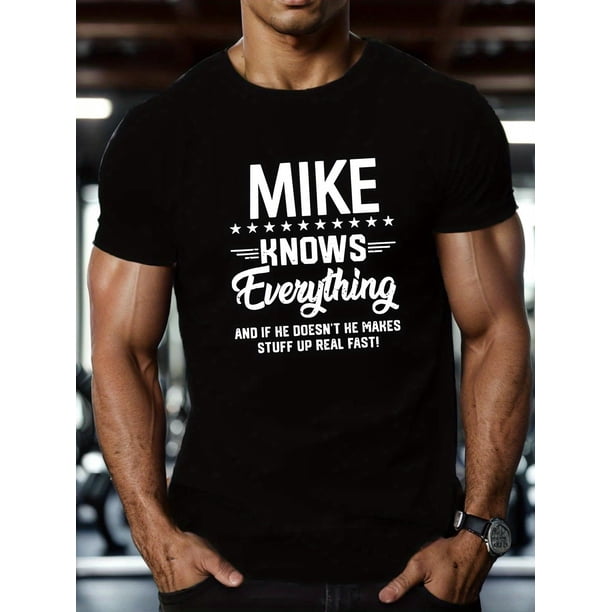 Camiseta gráfica "MIKE lo sabe todo" para hombre: camiseta informal de manga corta, mezcla de algodón transpirable, cuello redondo, corte regular, top de verano con diseño geométrico, lavable a máquin