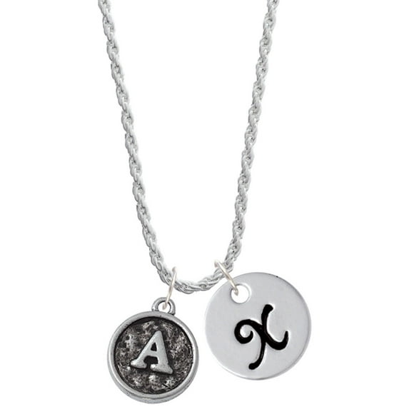 Delight Jewelry Silvertone Antiqued Round Seal - Initial - A - Silvertone Script Initial Disc - X - Charm Necklace, 20"+3"