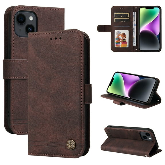 SaniMore Case for iPhone 15 6.1" 2023 with Wrist/Crossbody Strap,Retro PU Leather Anti-scratch Card Slots Cash Pocket Kickstand Shockproof Anti-drop Wallet Business Cover For iPhone 15, Brown