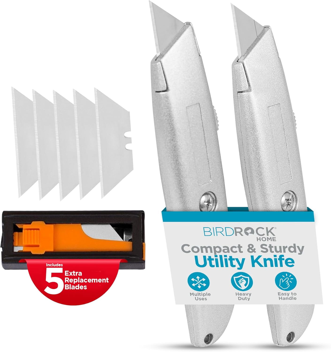 Premium Utility Knife Set | Retractable Box Cutter with Metal Handle | Heavy-Duty Cutting for Cardboard, Carpet, Plastic | Retractable Blade | Includes 2 Razor Knives & Extra Blades
