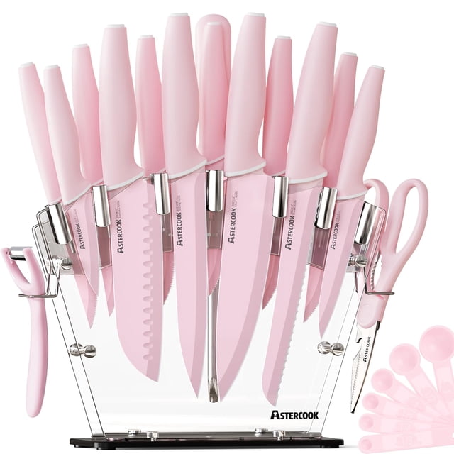 Juego de cuchillos Astercook, 22 piezas, con bloque y afilador, color rosa
