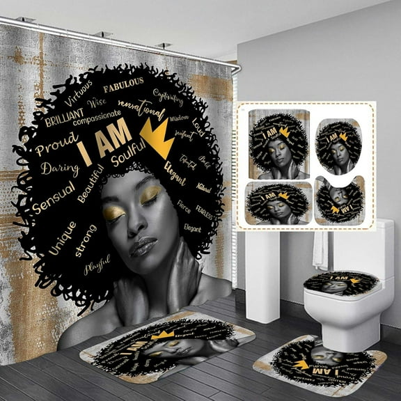 4PCS Elegant African American Woman Shower Curtain Set, Pink Floral Eiffel Tower High Heels Positive Quotes Sexy Afro Black Girl Melanin Queen Fashion Bathroom Decor, Non-slip Bath Mat