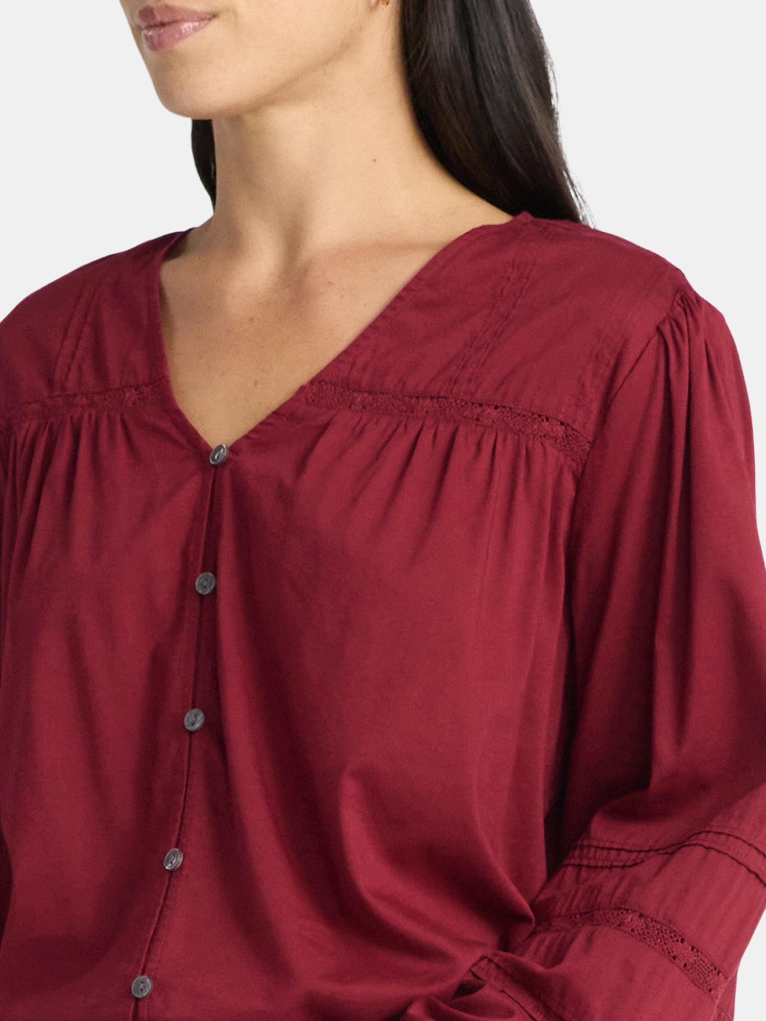Time and Tru Women's Lace Inset Blouse with Long Sleeves, Sizes XS-XXXL
