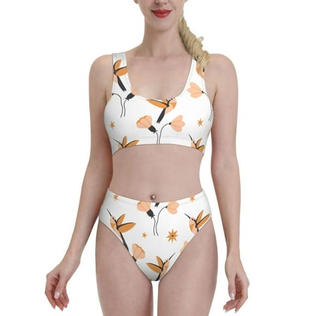 Bikini Sets For Women  Simple Hummingbird Flower High Waisted Bikini Sets Bathing Suit 2-Piece Drawstring Swimsuit