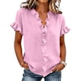 thumbnail image 2 of Women's Linen V-Neck Short Sleeve Blouse with Ruffled Hem for Casual Summer Wear, 2 of 6