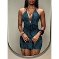 thumbnail image 3 of Multicolor Ruched Backless Halter Mini Dress, Y2K Grunge Street Style Clubwear, 3 of 8