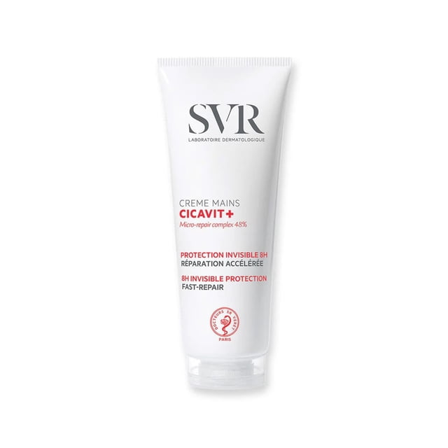 cicavit + creme mains svr 75 gr tubo frontal blanco con logo SVR y texto rojo y negro que lee 'CREME MAINS CICAVIT+' y 'PROTECTION INVISIBLE 8H', tapa de rosca transparente, vista centrada sobre fondo blanco; suele usarse como crema de reparación localizada para manos durante viajes.