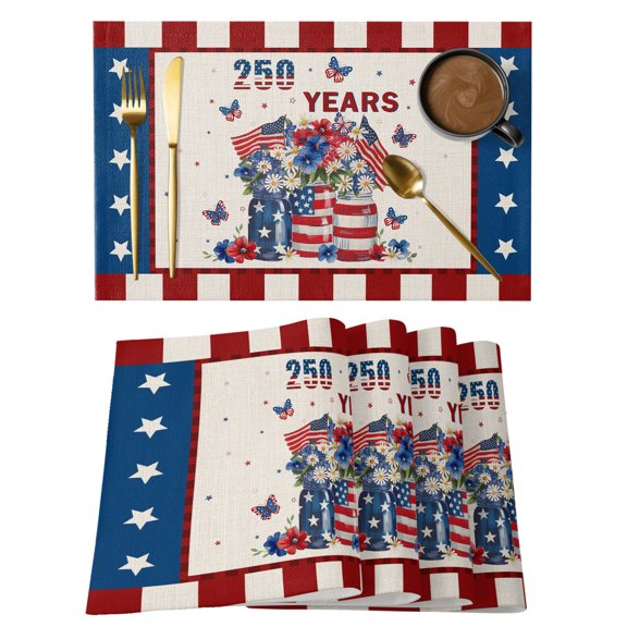 Patriotic 4th of July Placemats Set of 1, Years USA Stars Stripe Flag Floral Non-Slip Place Mats Washable Table Mats for Kitchen Dining Table Decorations Indoor/Outdoor