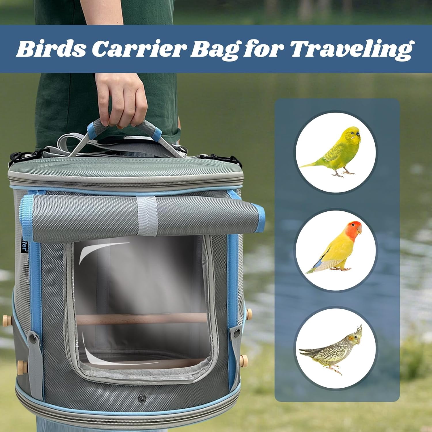 Small to Medium Birds Carrier Cage, Portable Handle Cylindrical Bird House with Metal Tray and Two (2) Wooden Stand Perch, Front Shade with Clear View
