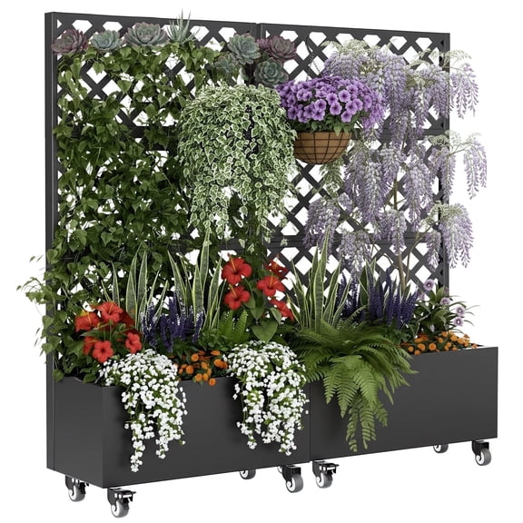 Riflewell 72" Metal Raised Garden Bed with Trellis, 2-Pack Outdoor Planter Box with Privacy Screen & Wheels for Climbing Plants