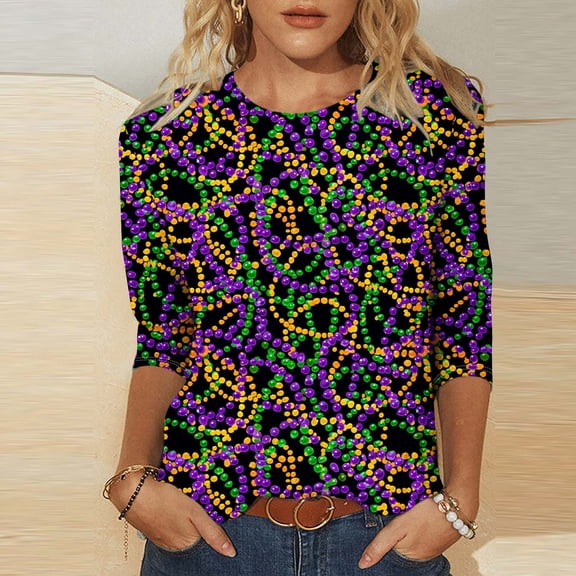 YOIAVAIOY Mardi Gras Shirts for Women Fancy Mask Printed 3/4 Sleeve Crewneck Tops Pullovers Blouses 2025 Carnival Outfit Multicolor M