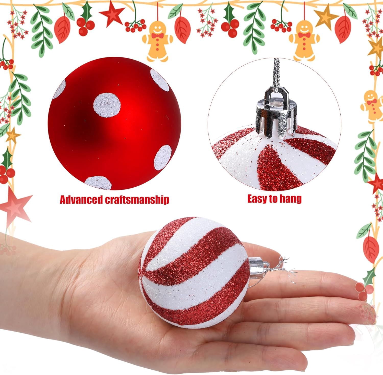 2Pcs Peppermint Candy Ornaments, Candy Cane Balls, Red & White Hanging Stripes - Christmas Tree Ornaments for Xmas Party & Indoor/Outdoor Holiday Home Decorations