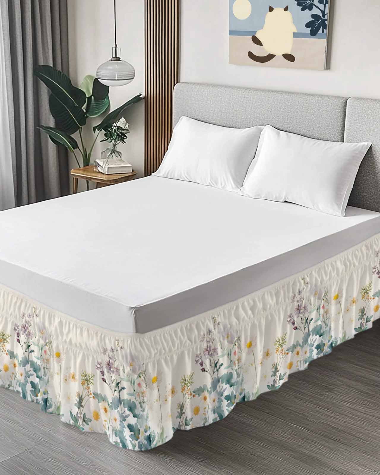 Watercolor Spring Floral Bed Skirt Queen Size,Farmhouse Daisy Green Botanical Wrap Around Bed Skirting with Adjustable Elastic Strap,Dust Ruffle Pleated Bedskirts 16 Inch Drop for Bedroom Queen Beds