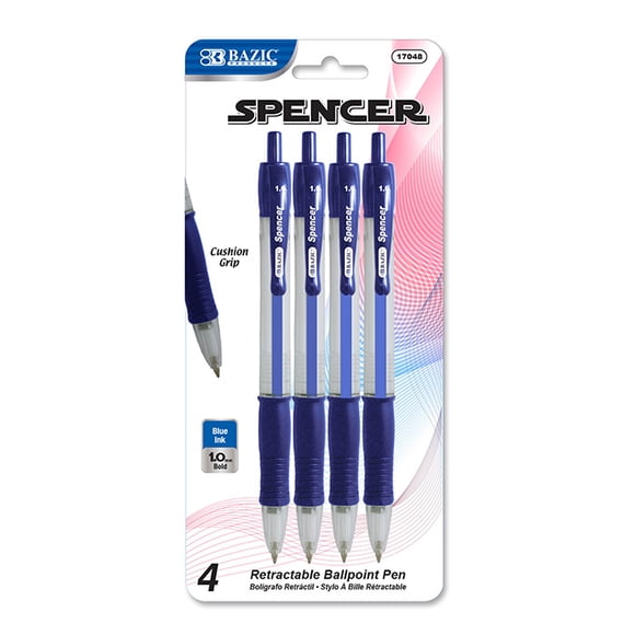 Bangkit USA Corporation BAZIC Spencer Blue Retractable Pen w/ Cushion Grip (4/Pack)