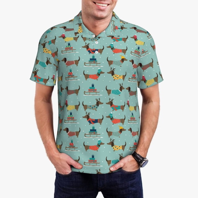 Balery winter ski Dachshund Camisa Polo de Hombre con Estampado, de Manga Corta y Tejido Medio, Camisa Tipo Golf Polo-Medium